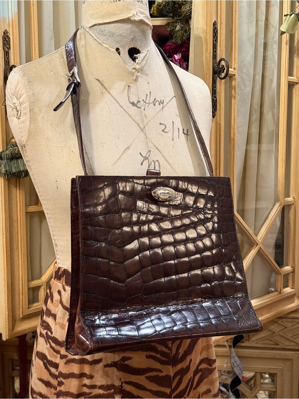 Furla Croc-Embossed Leather Shoulder Bag in Dark Brown